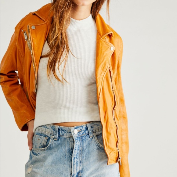 Free People Vibrant Orange Leather Jacket - Picture 3 of 11